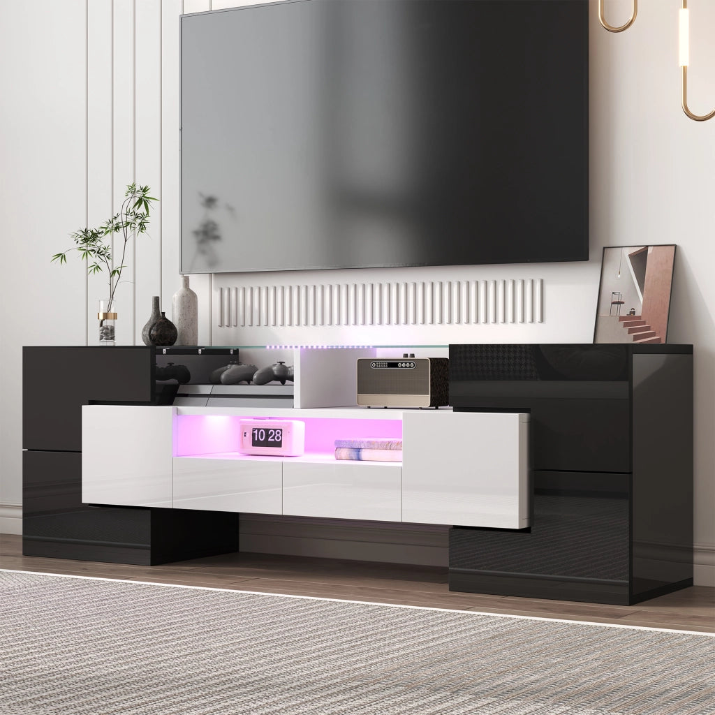 Credenza TV bianco lucido e nero in truciolare 145 cm