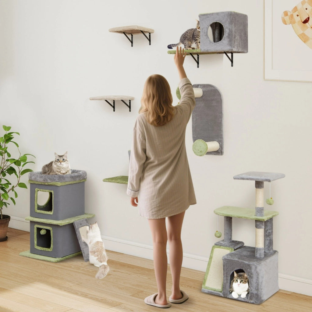 Centro attivit¨¤ per gatti con condominio e set di mobili per gatti a muro, 3 in 1 Set di mobili per gatti Grigio-Alberi Tiragraffi