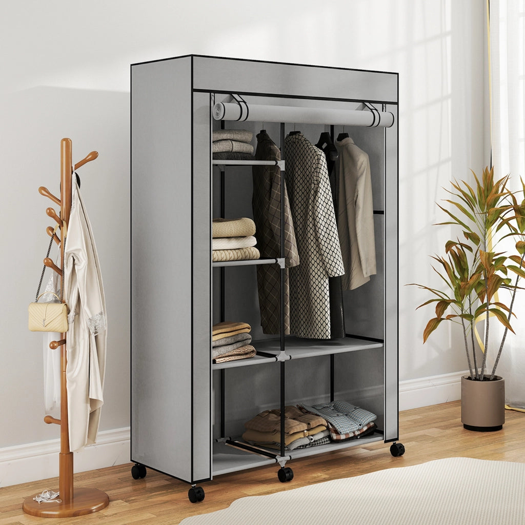 Armadio in Tessuto con 6 Ripiani e Appendiabiti ¨C Minimal ¨C Grigio Chiaro