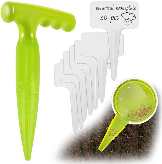 1 x Piantaglio per bulbi con punta, Strumenti per la cura del giardino per bulbi, Piantaglio per bulbi con marcatura della lama, 1 Piantaglio + 10 etichette per piante – Strumento ideale per piantare fiori, aglio e semi di piante