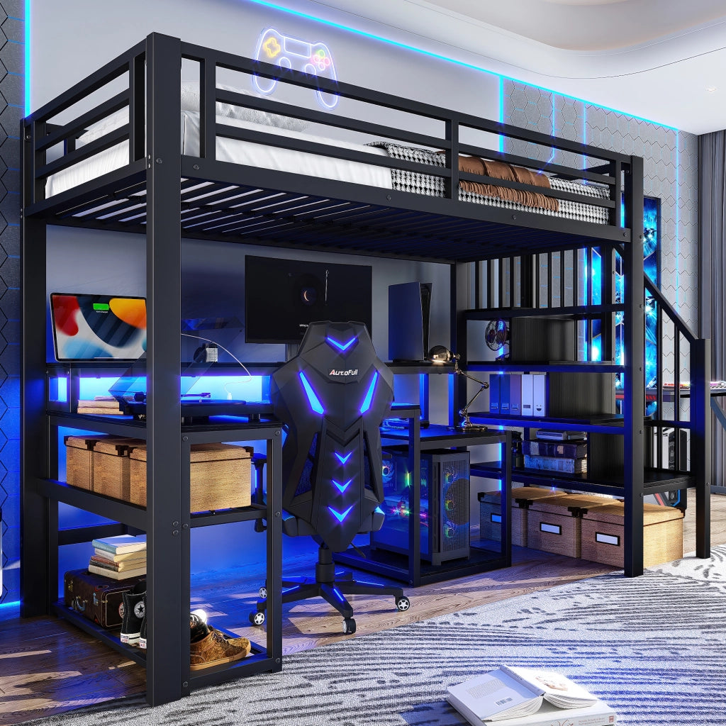 LETTO A SOPPALCO 90x200 cm Metallo e MDF Nero con scrivania USB