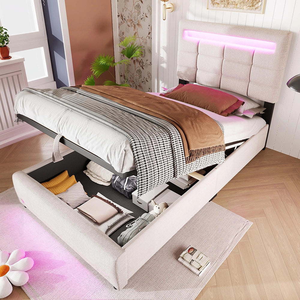 Letto imbottito - Xylo - 90x200 cm LED USB app comando beige