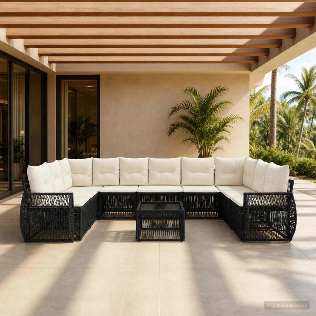 Set Divano da Giardino 11 pz Nero e Bianco Crema polyrattan 3435529