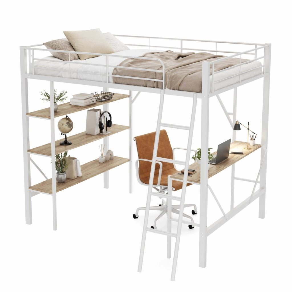 Letto a soppalco 90 × 200 cm con scrivania e tre ripiani in metallo e MDF bianco con scala fissa