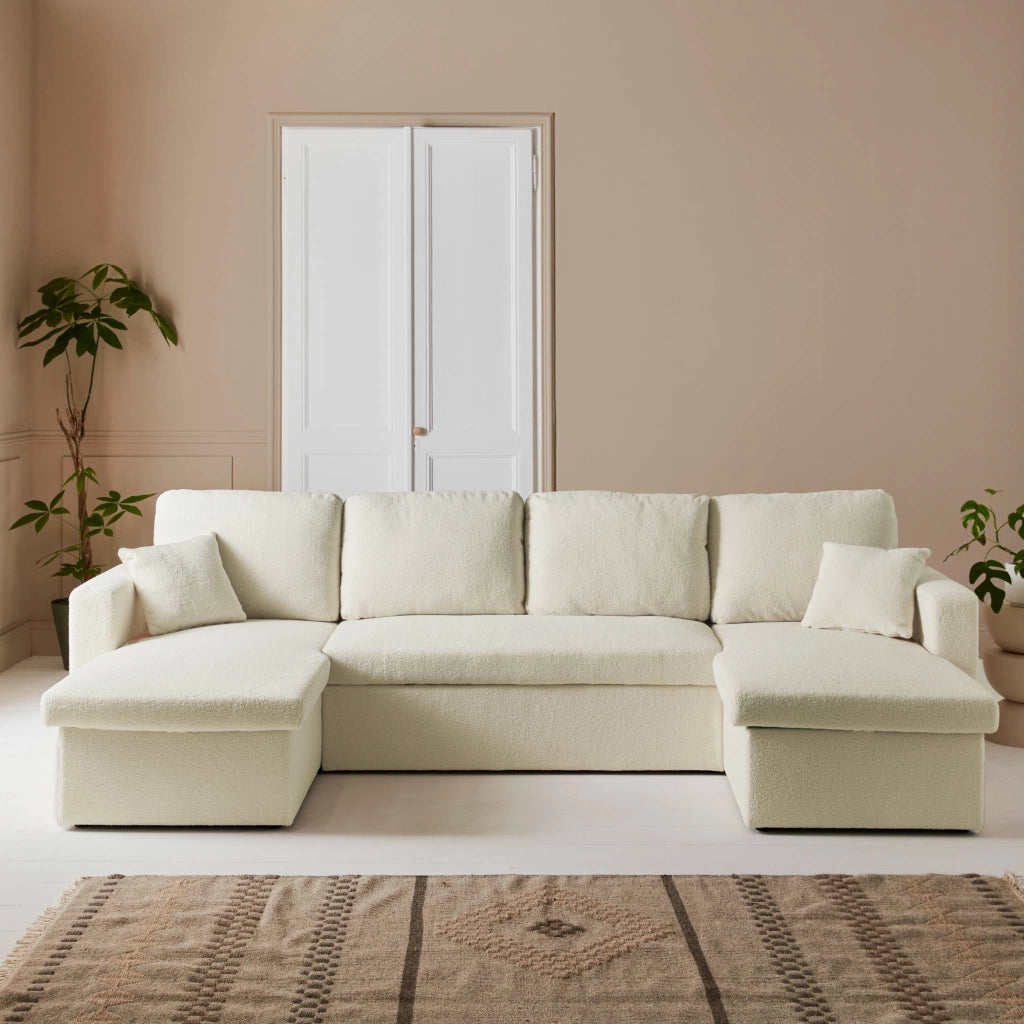 Divano letto panoramico in tessuto bouclé, 4 posti, crema
