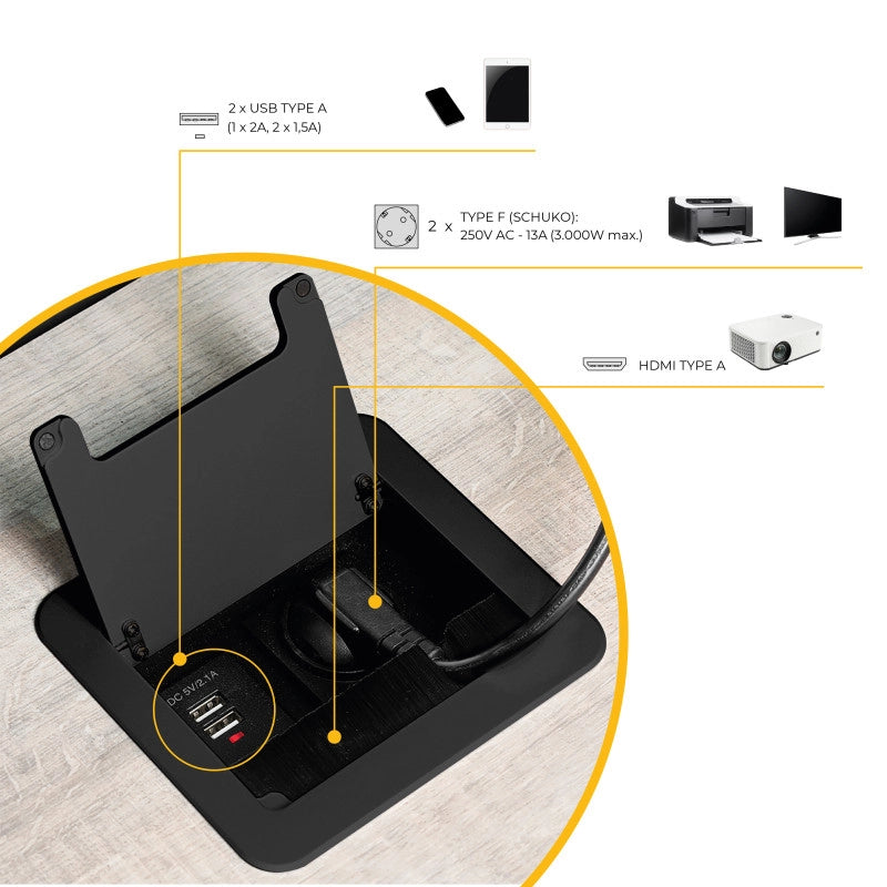 Multiconnettore da tavolo Atom 26 Lite, 225x111 mm, 2 prese Schuko, 1 USB Tipo A, 1 USB Tipo C, Zama-Acciaio-Plastica,..