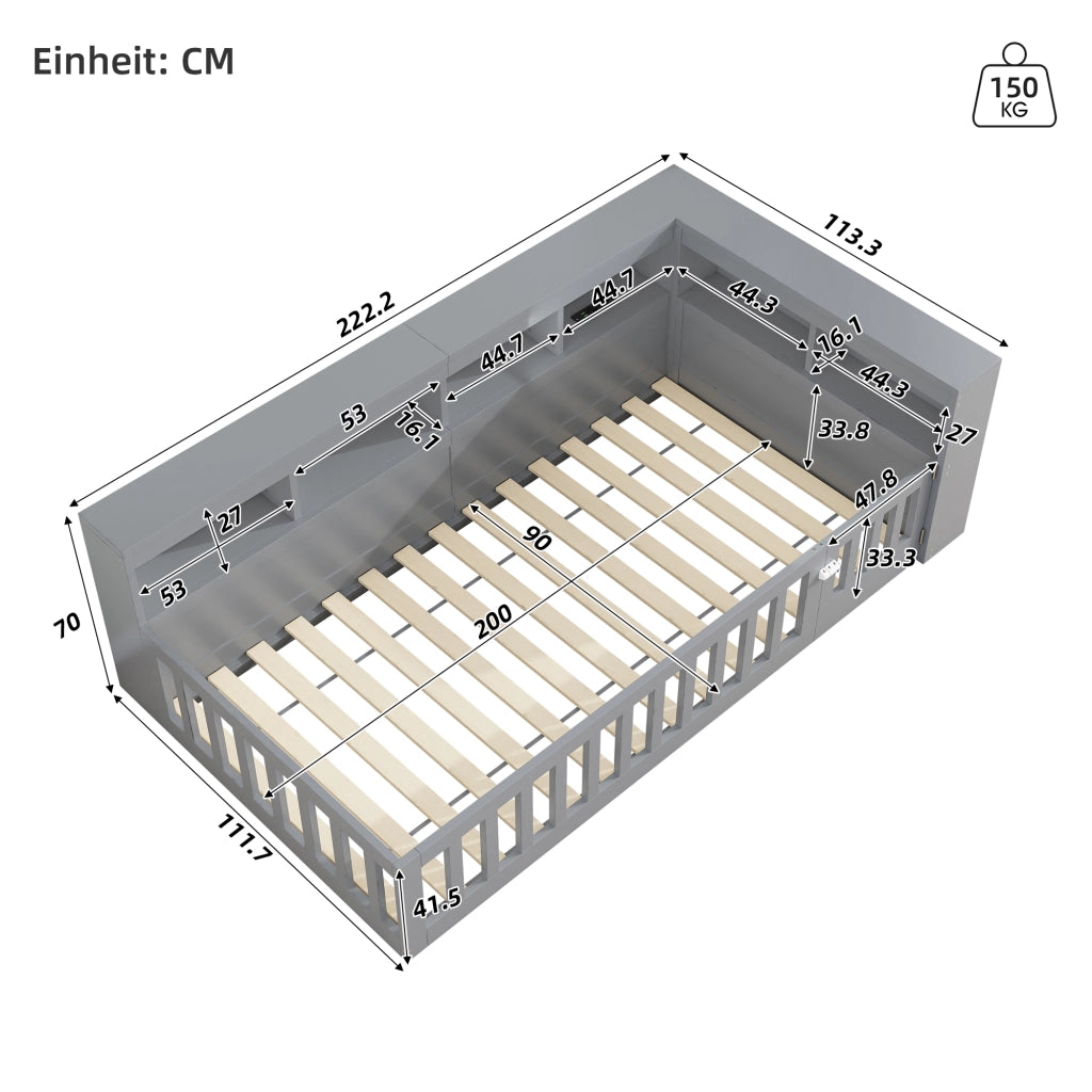 Daybed 90x200 cm con rete a doghe, vano laterale, prese e USB, grigio