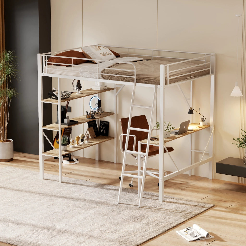 Letto a soppalco 90 × 200 cm con scrivania e tre ripiani in metallo e MDF bianco con scala fissa