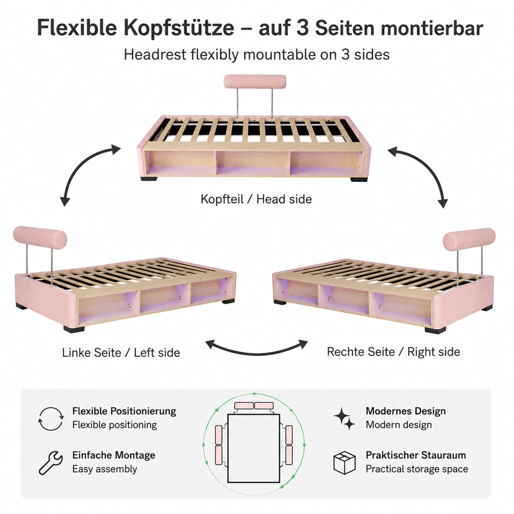 LETTO imbottito Rosa 90x200 cm in velluto con ripiano laterale LED