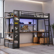 Letto a soppalco 90x200 cm con scrivania, LED, ripiani e USB