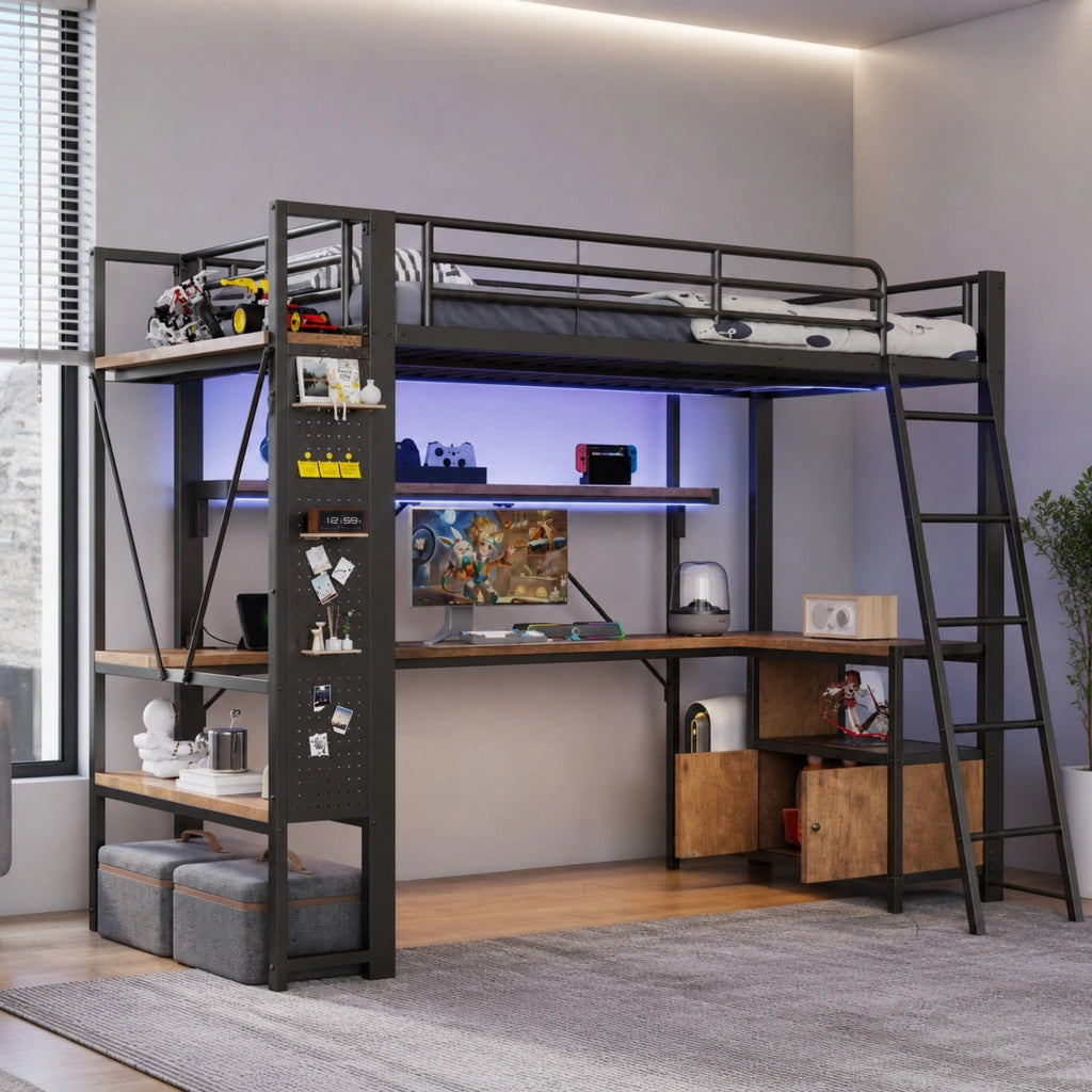 Letto a soppalco 90x200 cm con scrivania, LED, ripiani e USB