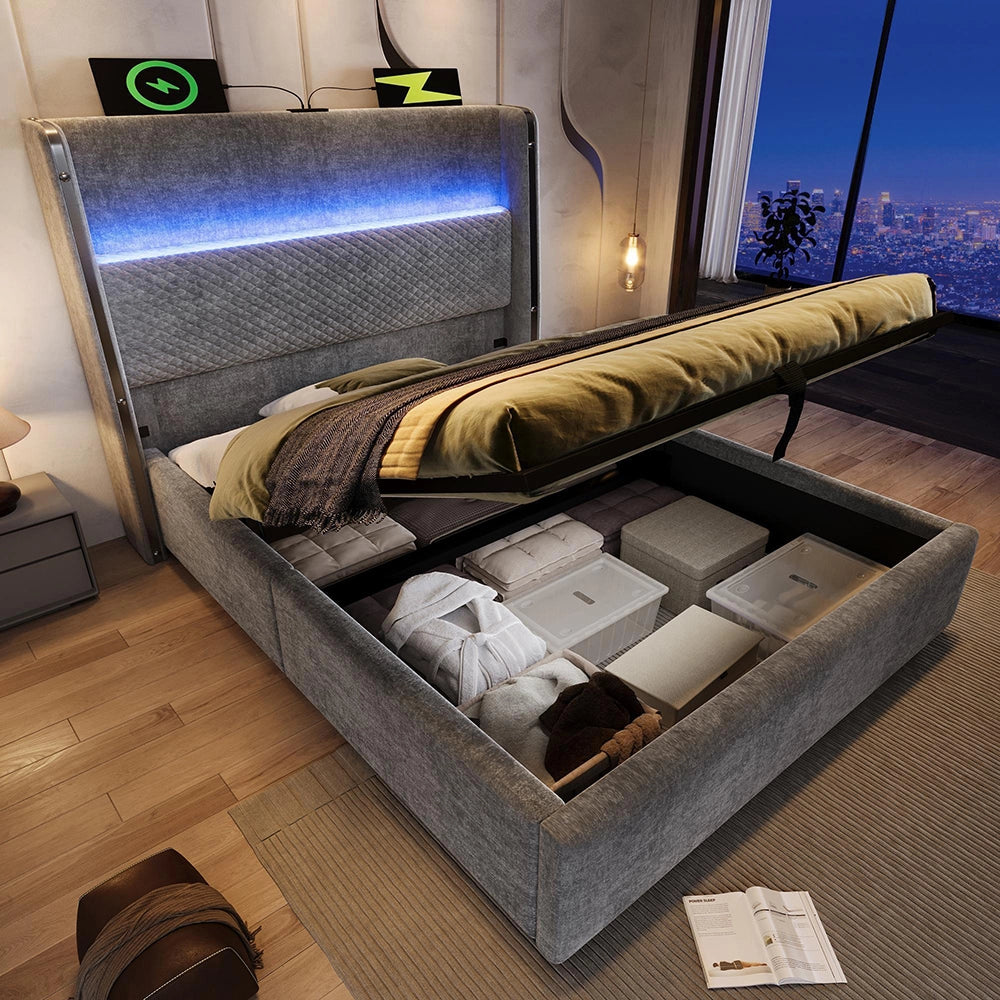 Letto 90x200cm?- Xylo - idraulico LED USB lino grigio