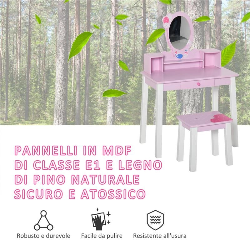 SET TAVOLO SPECCHIO E SGABELLO IN LEGNO PER BAMBINI ROSA