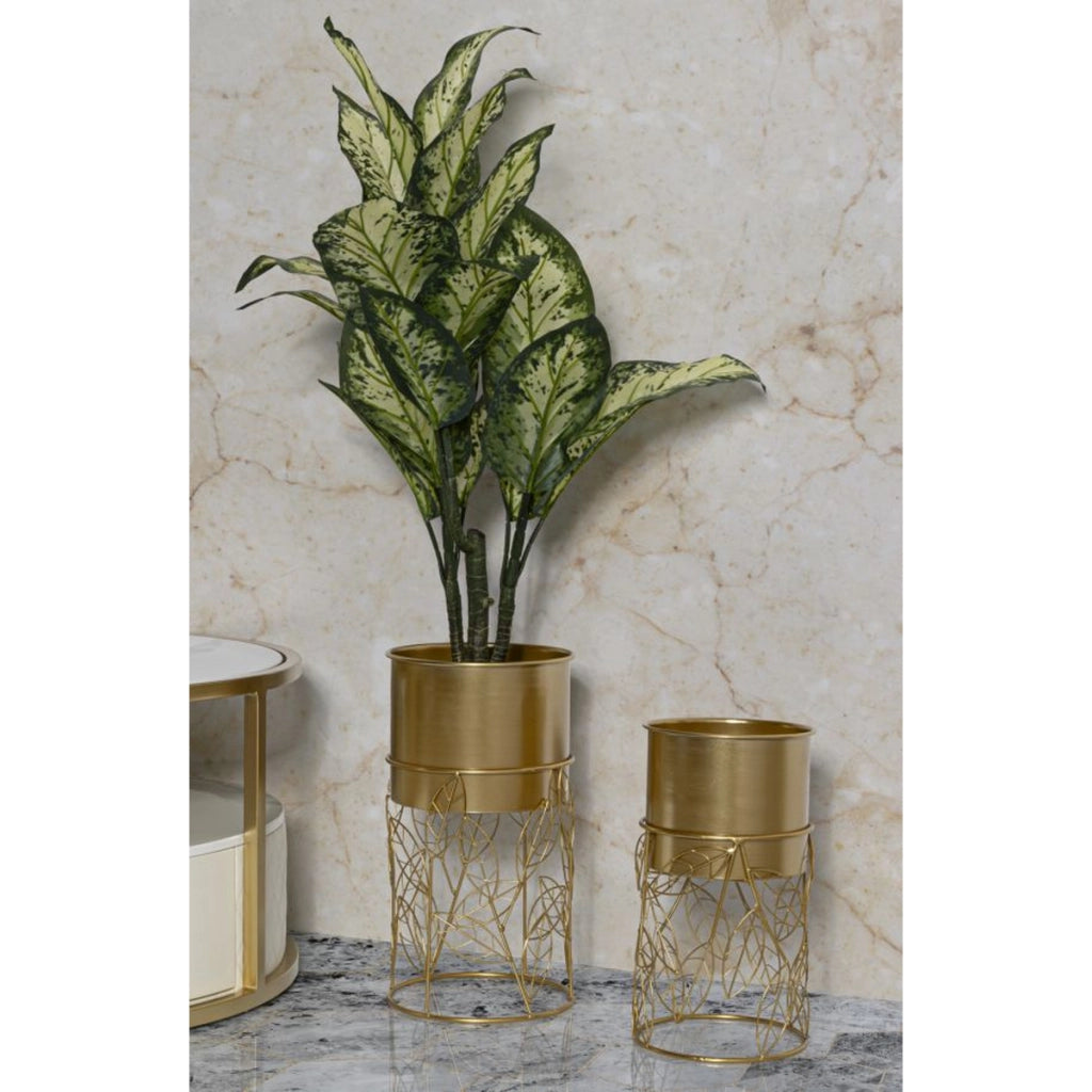 Set di 2 Vasi per Piante VKH393, Oro, Metallo, 23x23x43 cm
