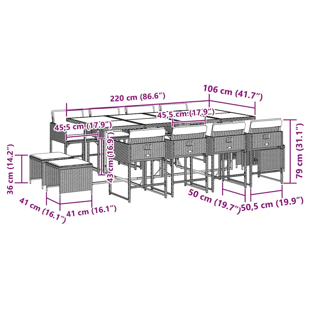 Set da Pranzo da Giardino 13pz con Cuscini Grigio in Polyrattan