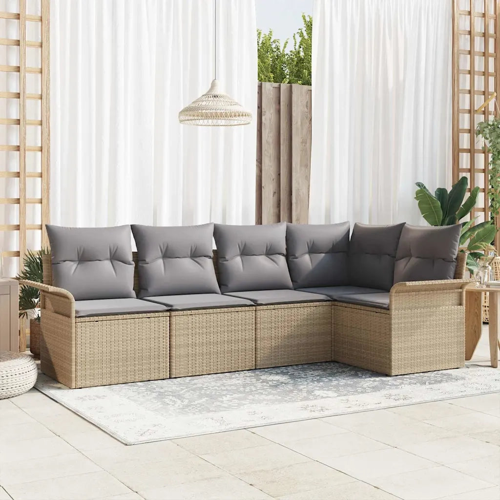 Set Divano da Giardino con cuscino 5 pcs Beige Poly Rattan