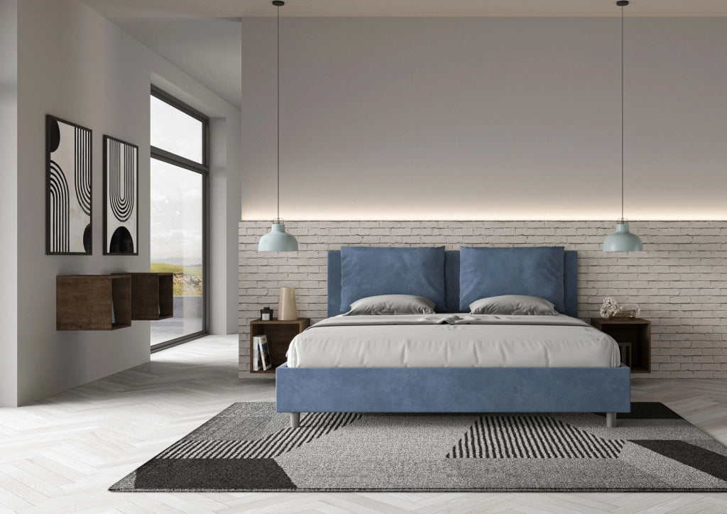 BS COM Letto matrimoniale king size senza rete imbottito 170x190 microfibra blu