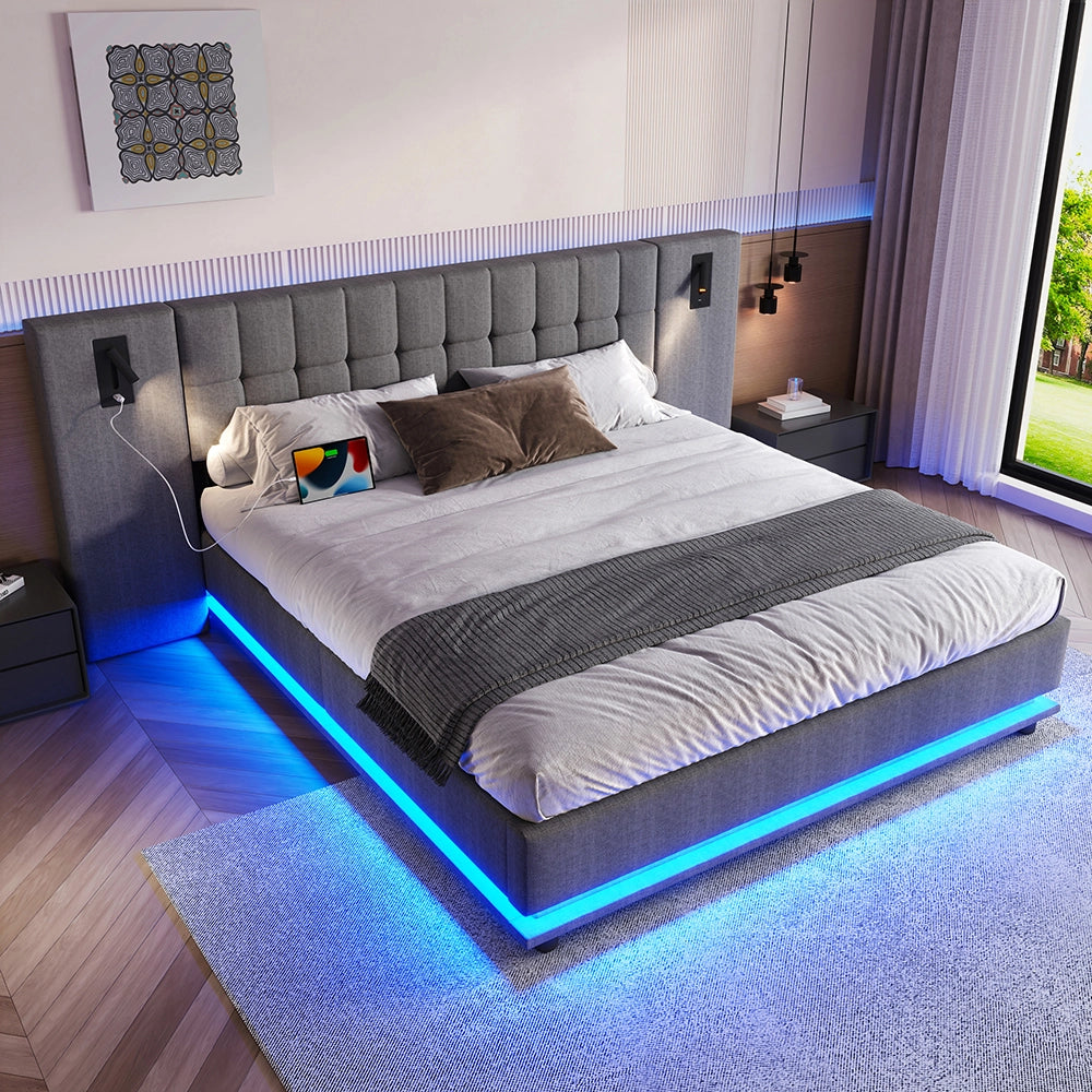 Letto-Xylo-180x200 cm-LED, spot, USB, lino grigio