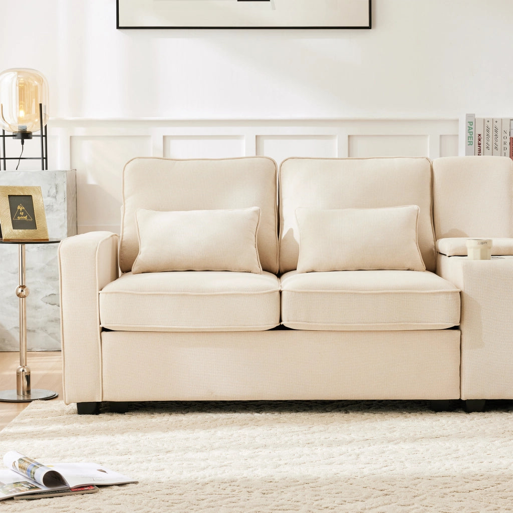Sofa moderno 4 posti - Zephmum- Tessuto lino con console, porta bevande, USB, tasche braccioli