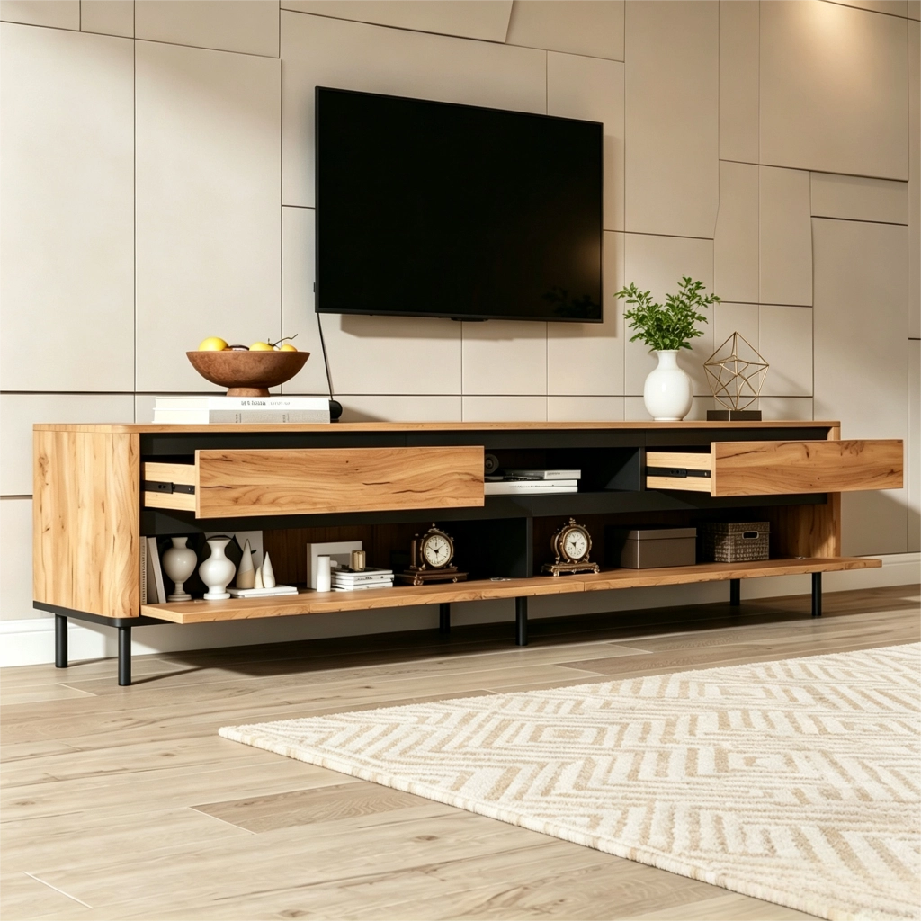 Cassettiera TV nero e naturale in MDF lunghezza 180 cm