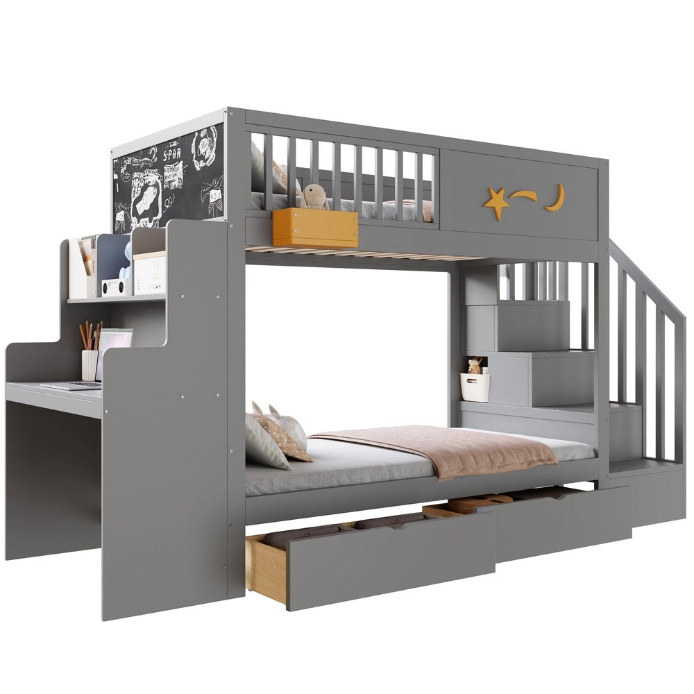Letto a Castello per Bambini con Cassetti, Scrivania e Scala ¨C Xylo ¨C Massello Pino Grigio 90x200