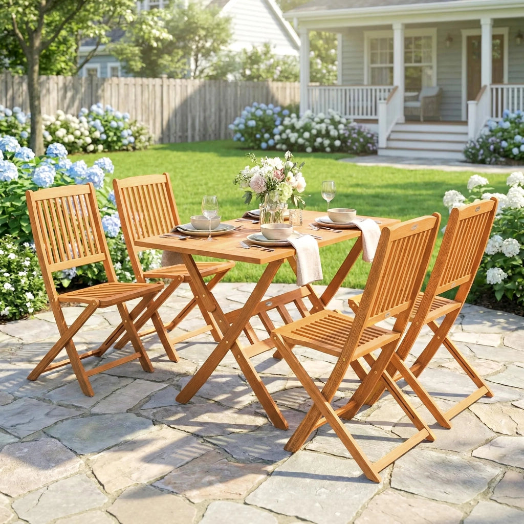 Set di mobili da giardino gruppo di seduti in legno di acacia tavolo pieghevole a 5 pezzi con 4 sedie pieghevoli e design a listella