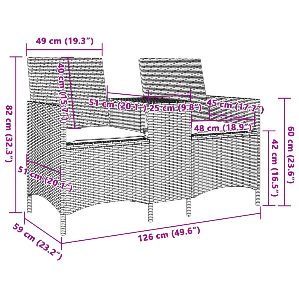 Divano Giardino 2 Posti con Tavolo e Cuscini-Sofa da Giardino-Divanetto da esterno Beige Polyrattan