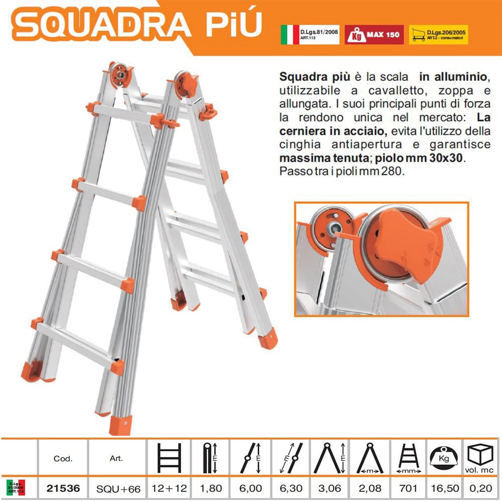 SCALA ALLUMINIO TELESCOPICA MULTIFUNZIONE GRADINI 6+6 SQUADRA PIU' 150KG MARCHETTI