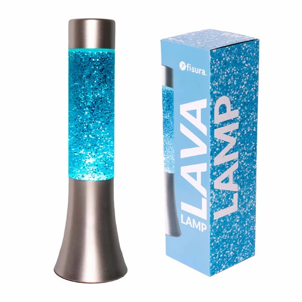 Lampada lava glitter da 30 cm con base argento e liquido blu