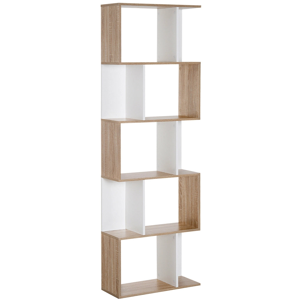Libreria a S con 5 Ripiani ¨C Minimal ¨C Bianco e Legno 60x24x184,5cm