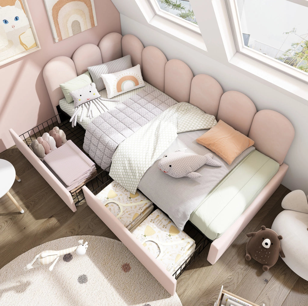Letto singolo imbottito in velluto con 2 cassetti e rete 90x200 cm, rosa