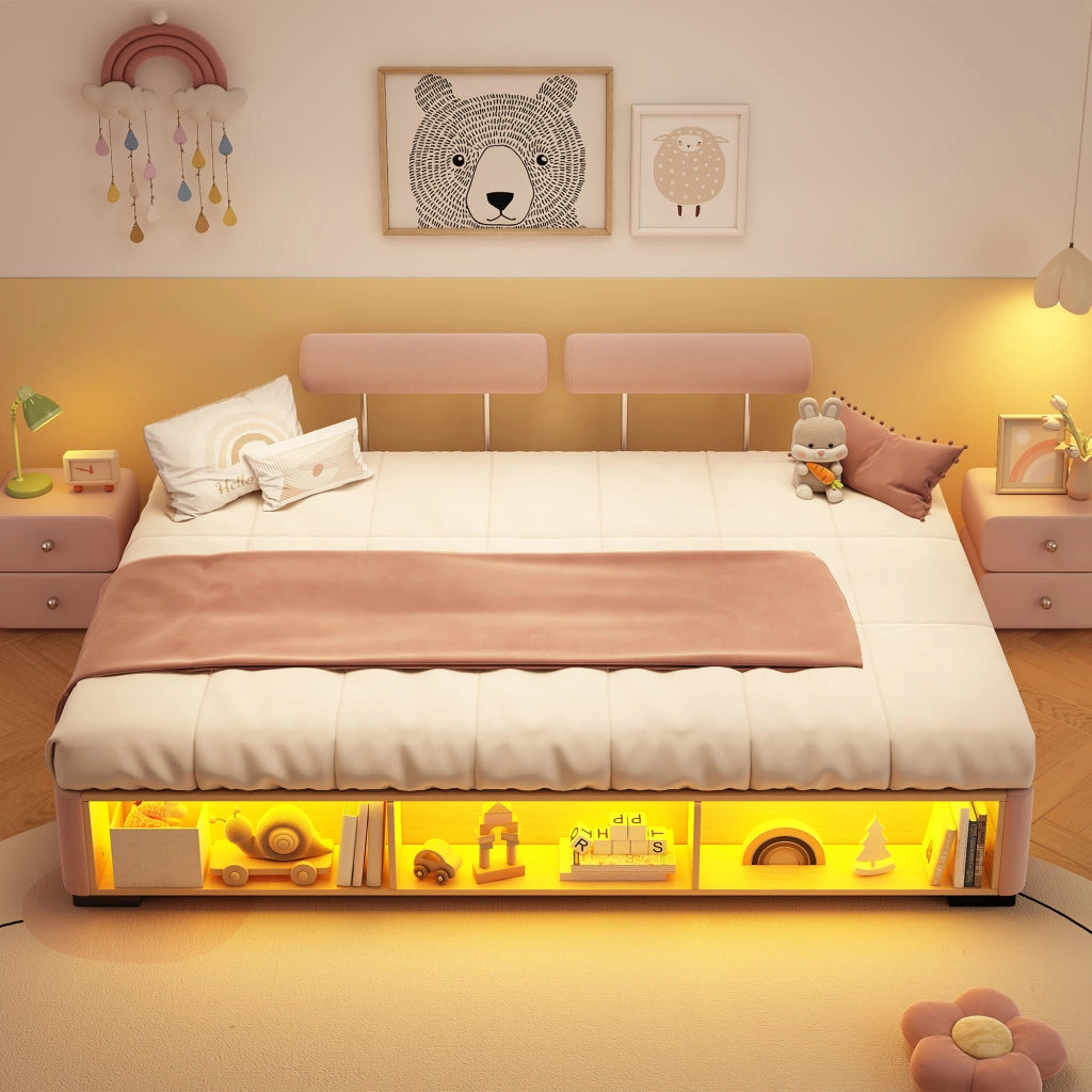 LETTO imbottito con LED e scaffale laterale aperto 140x200 cm velluto rosa