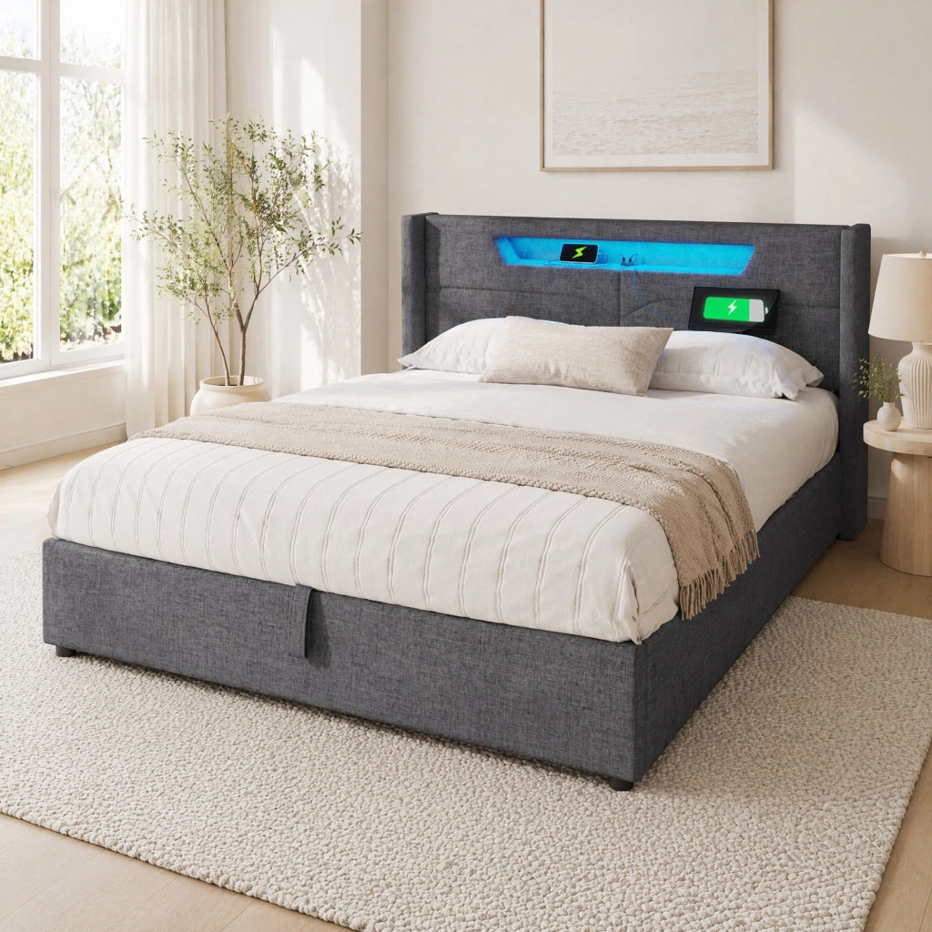 LETTO Contenitore LED 160x200 cm Lino Grigio USB Type C
