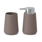 Set accessori bagno con dispenser e portaspazzolini tortora e cromo design tondo Sidney