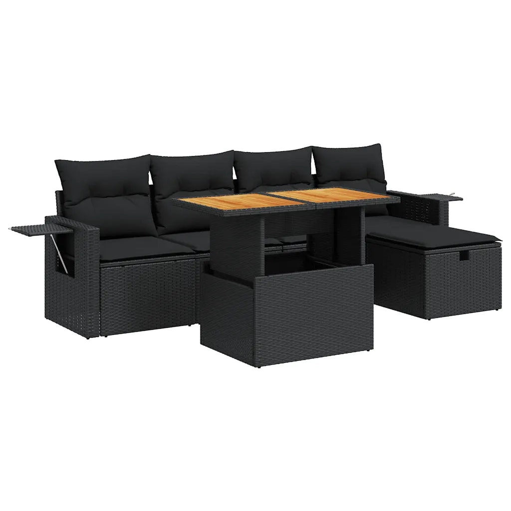 Set Divano da Giardino 6 pz con Cuscini Nero Polyrattan Acacia 3328021