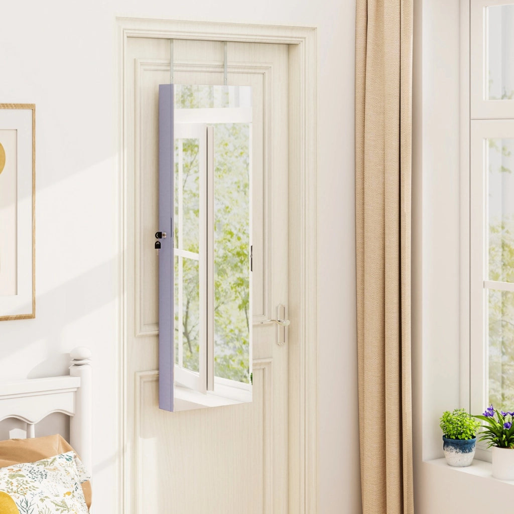 Armadio portagioie con specchio in legno a parete con LED interno 35,5x10x120cm Viola