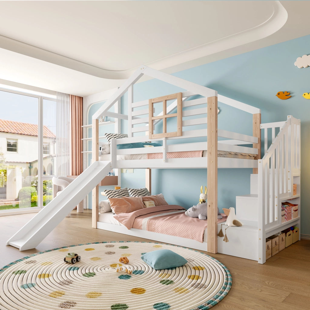 LETTO a castello con scivolo e scala, 90x200 cm, legno bianco