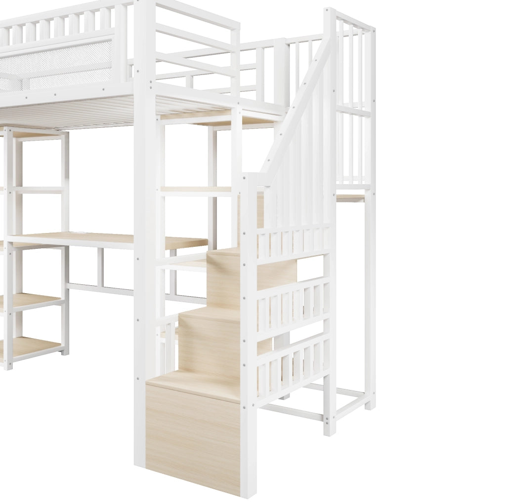 Letto a castello 90x200 cm in metallo e MDF con scrivania; ripiani; LED e USB; bianco