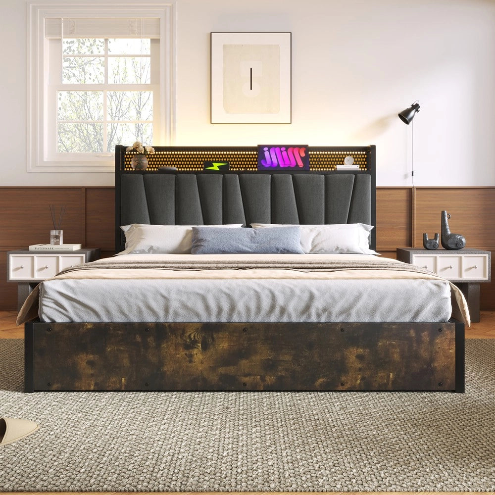 Letto Matrimoniale Imbottito con LED e USB ¨C MINIMAL ¨C Metallo Grigio 180x200