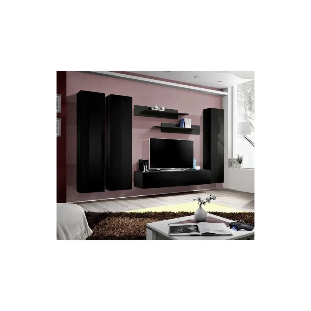 Mobile TV FLY di design, colore nero lucido. Mobile sospeso.