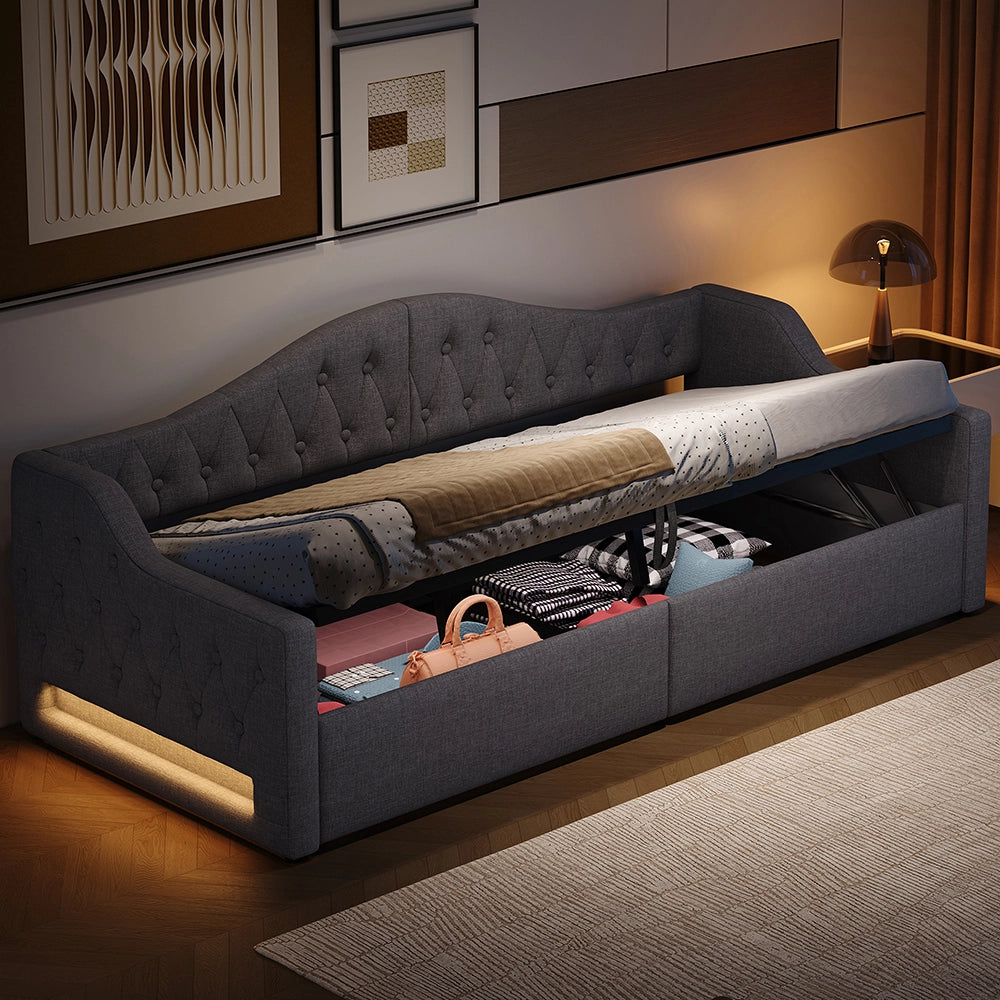 Letto imbottito - Xylo - 90x200cm LED con contenitore, grigio