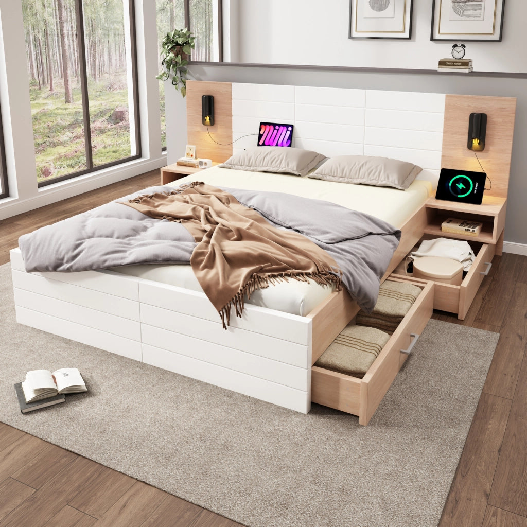 DESMIU Letto con cassetti letto matrimoniale 2 posti con 2 cassetti, lampada da lettura e USB, 180 × 200 cm, senza materasso