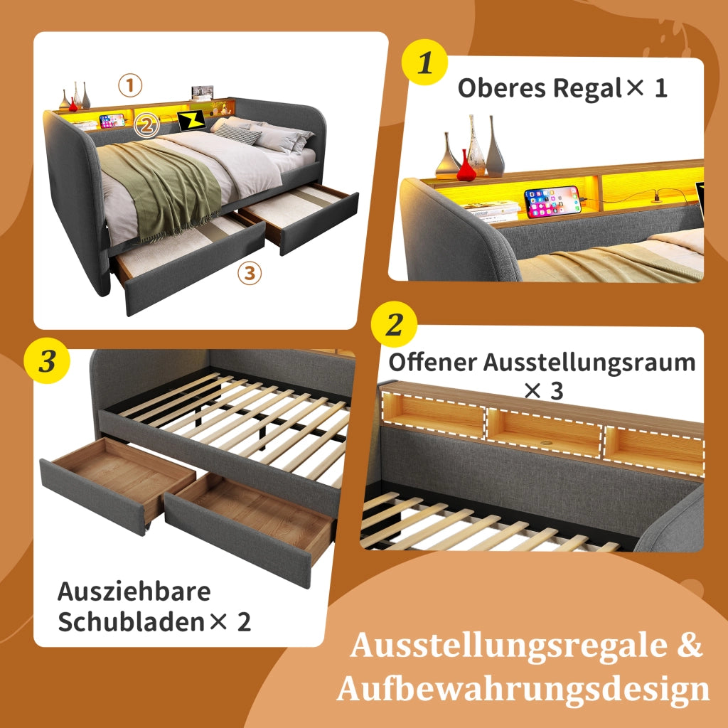 LETTO Imbottito 140x190 cm Grigio in Lino con LED, USB e 2 Cassetti