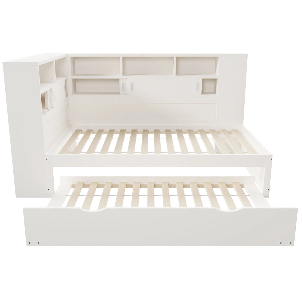 Letto per bambini 90x200 cm con letto estraibile, vani contenitore e USB, bianco