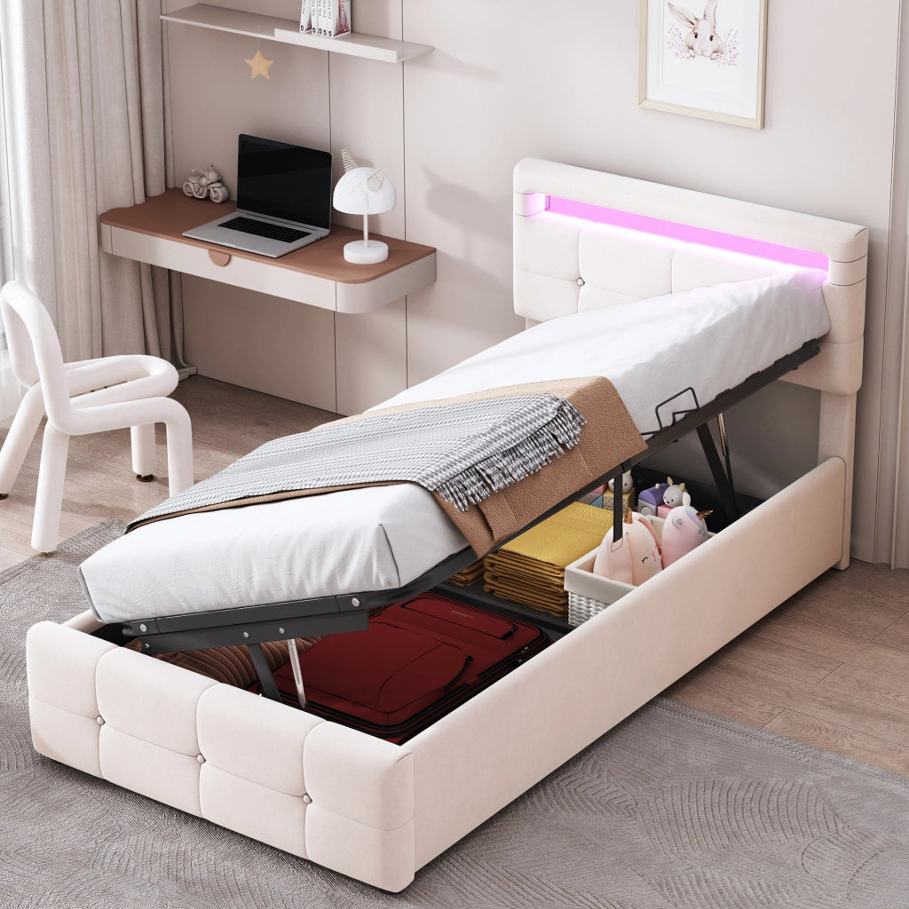Letto imbottito 90x200 cm con LED e contenitore idraulico