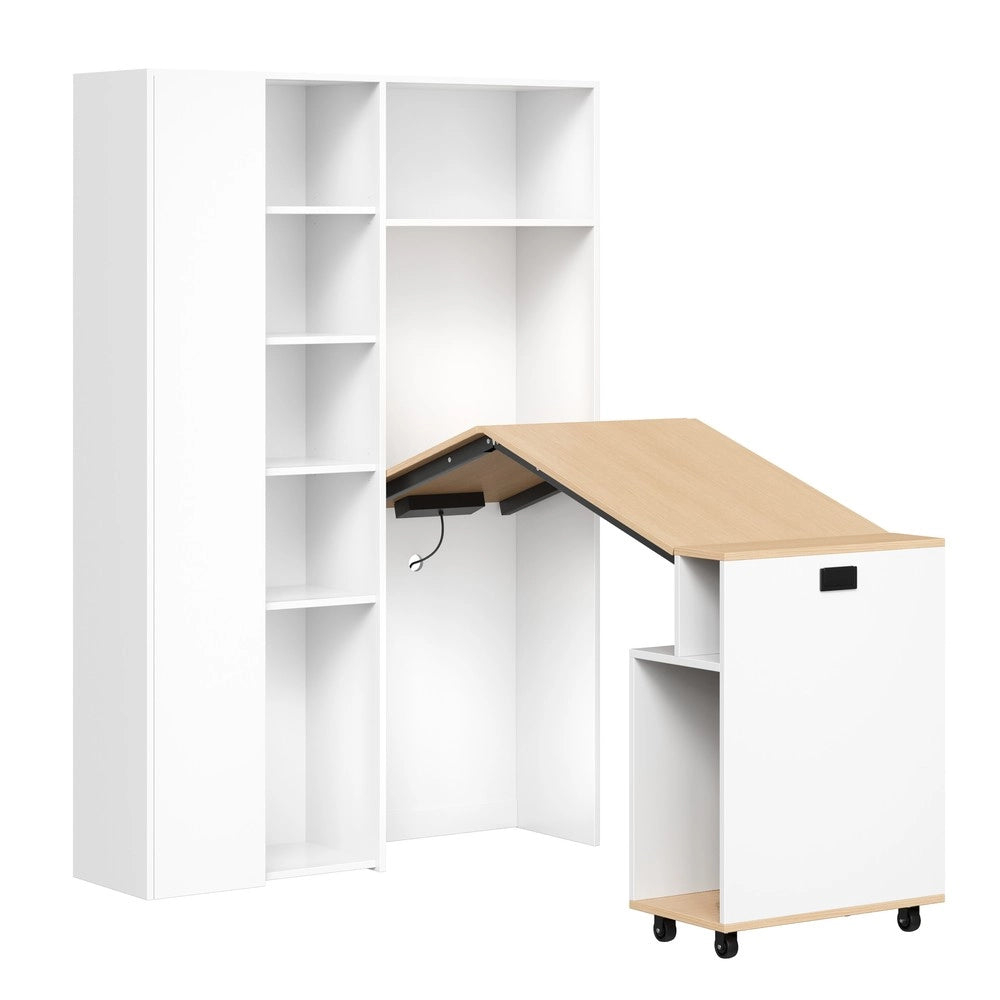 Scrivania Pieghevole con Libreria 2-in-1 ¨C Xylo ¨C Bianca, Ripiani Regolabili, Angolare, Presa USB