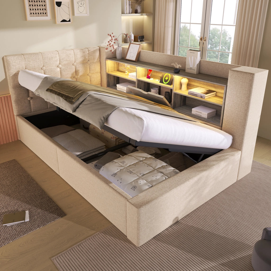 LETTO 90x190 cm con LED e contenitore idraulico, lino beige