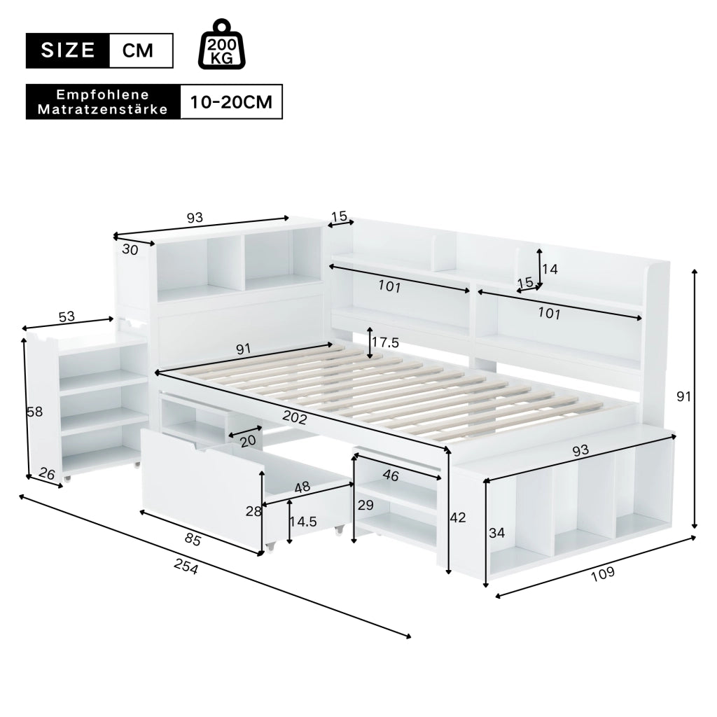 LETTO Multifunzione 90x200 cm Bianco con cassetti e libreria