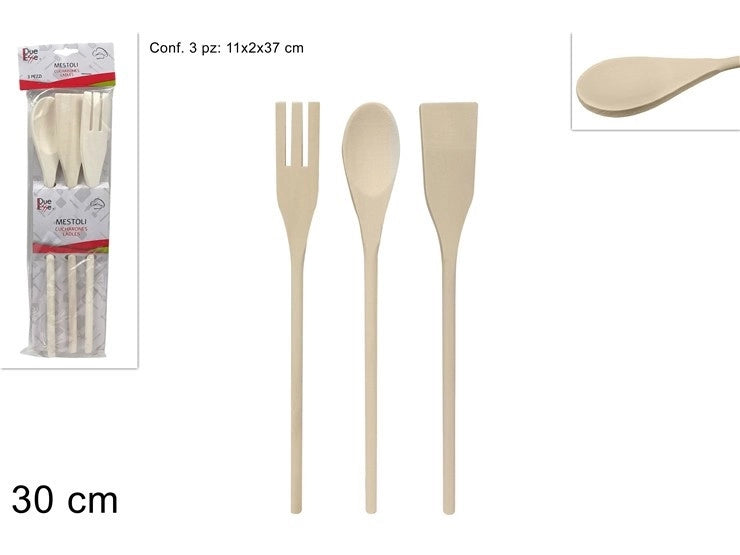 Set 3 Pezzi Mestolame Cucchiaia in Legno Miste 30 cm