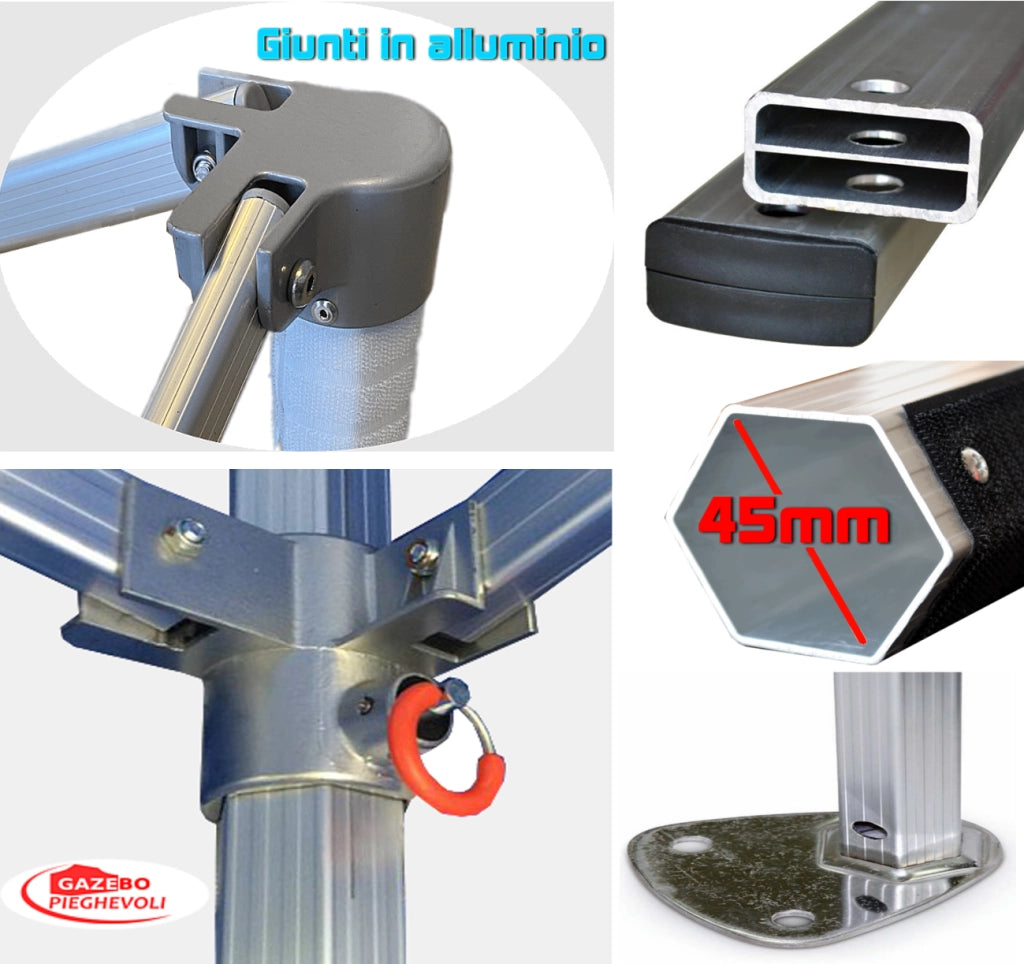 Gazebo 3x3 m rosso certificato IGNIFUGO pieghevole alluminio piantone esagonale 45mm portatile estendibile richiudibile estensibile acciaio con laterali per fiere eventi stand chiosco tenda tendone mercato mercatino